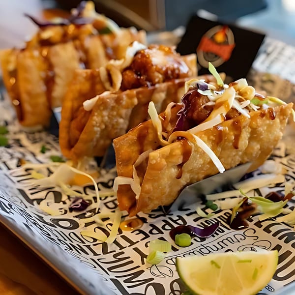 Three crispy Itokos Grill wonton tacos with sauce, cabbage, and scallions, served with a lime wedge.