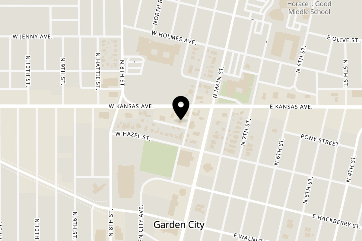Map showing the location of Itokos Grill on 110 W Kansas Ave in Garden City